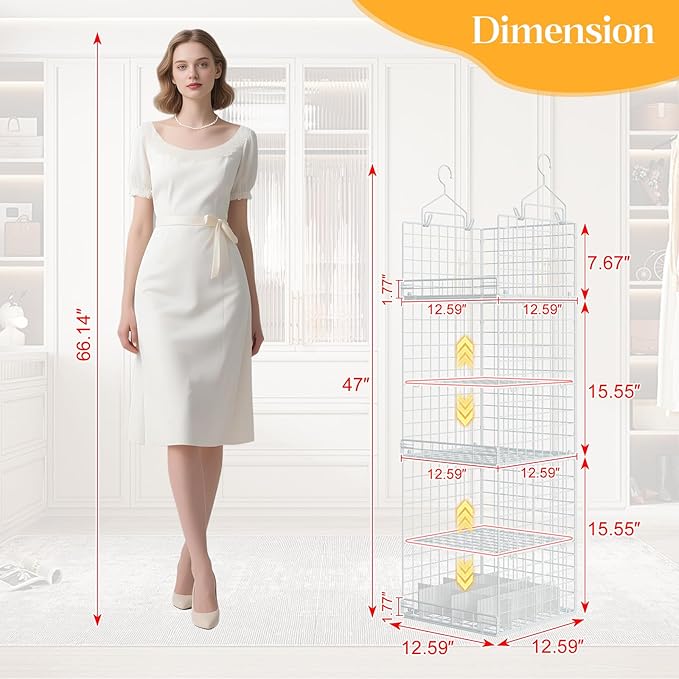 5 Tier Hanging Closet Organizer Separable Hanging Closet Shelves with 4 Hooks 2 Adjustable Dividers, Wire Storage Basket Bins for Clothing Sweaters Socks Dolls Handbags, Foldable