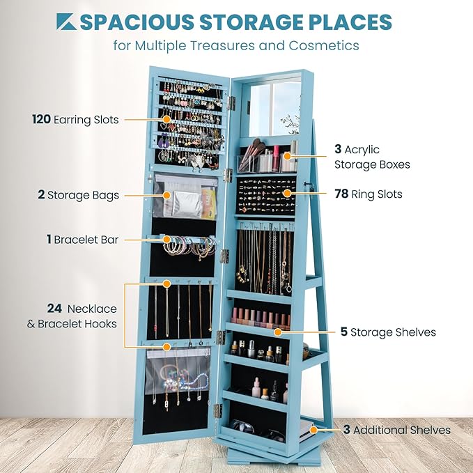 CHARMAID 360° Swivel Jewelry Armoire with Full Length Mirror, Standing Lockable Jewelry Cabinet Organizer, Large Storage Capacity, Inside Makeup Mirror, Back Storage Shelves (Sky Blue)