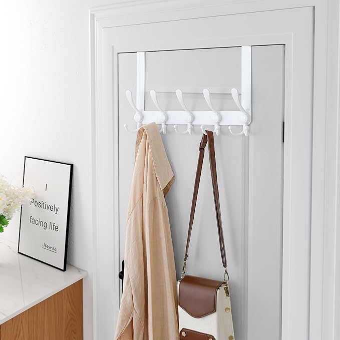 Dseap Over Door Hook 2.0 - Upgraded Version - Simple-Assembly, Strong, Heavy-Duty Stainless Steel 5-Tri-Hook Over The Door Hanger Rack, SimpleStrong Series, White