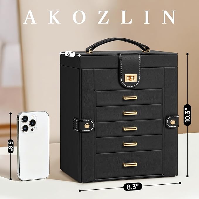 AKOZLIN Jewelry Box Organizer Functional Leather Jewelry Storage Case for Women Girls Ring Necklace Earring Bracelet Holder Organizer with Mirror Black