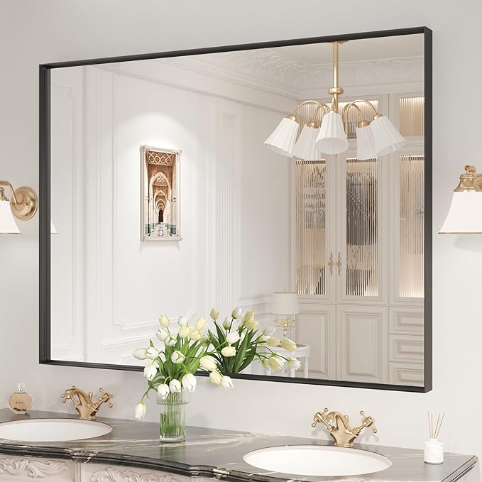 LOAAO Black Bathroom Mirror 48"X40" for Wall, Rectangle Bathroom Vanity Mirror, Tempered Glass, Hangs Vertically or Horizontally, Easy to Install, Modern Design