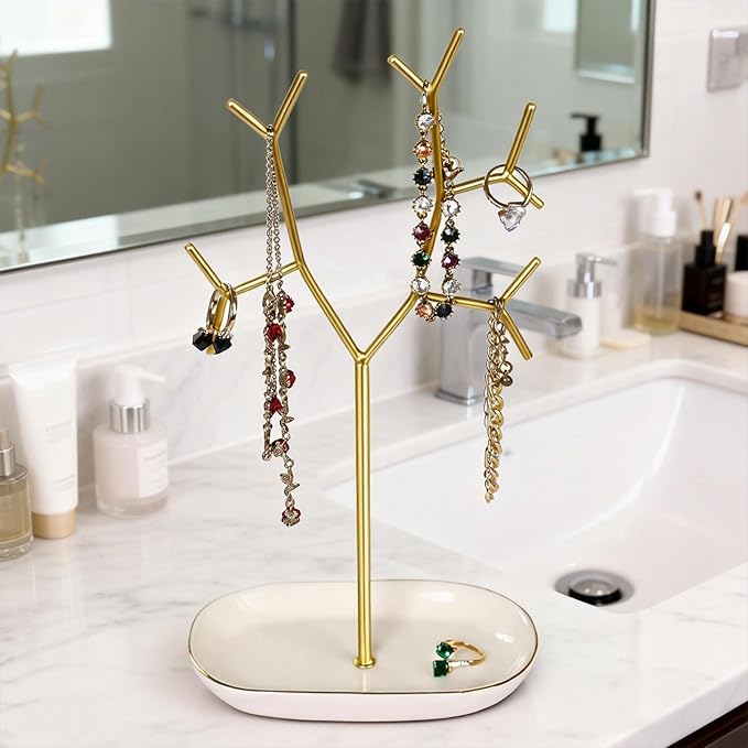 Elegant Jewelry Holder Tree Stand with Ceramic Tray - Metal Necklace Holder Organizer for Rings Bracelets Earrings - Tangle Free, Rustproof Decorative Display for Vanity Dresser