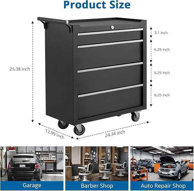 Rolling Tool Box with Wheels, 4 Drawer Tool Storage Cabinet, Portable Toolbox Organizer with Lock, Heavy Duty Tool Chest Cart for Garage, Mechanic, Workshop, Shop, Mobile Tool Organizer, Black