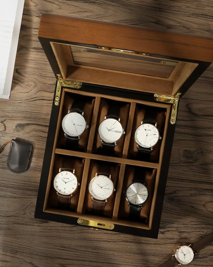 Uten Watch Box with 6 Slots, Watch Case Organizer with Golden Lock and Key, Wooden Watch Display Storage Box with Removable Watch Cushions, Velvet Lining, Metal Clasp