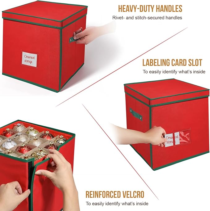 WDZREE Premium Large Christmas Ornament Storage,Box with Side Open, Drawer Style Trays - 3" Compartment, 4 Trays, Keeps 64 Holiday Ornaments -Made of Durable 600D Oxford Fabric Tear-Proof Material