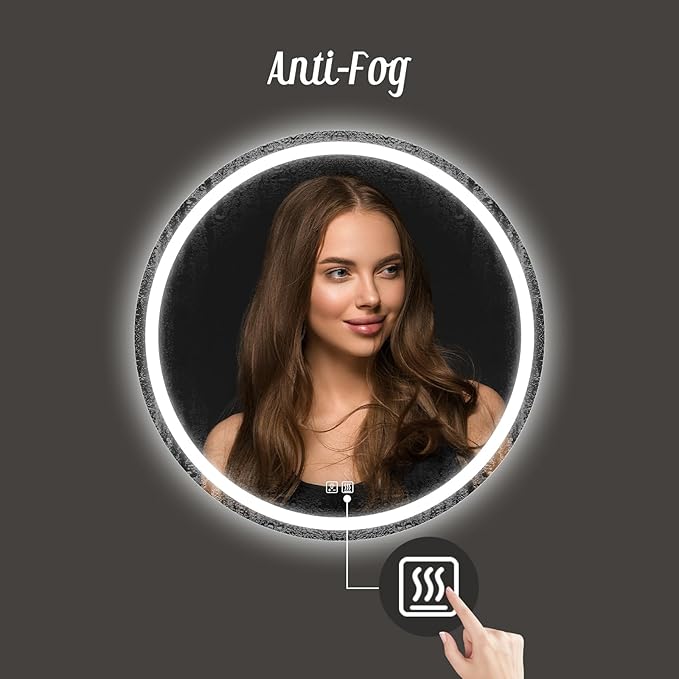 APRILSOUL 28 Inch Round LED Bathroom Mirror with Lights, Makeup Mirror with Front and Backlit, Anti-Fog, 3 Colors and Dimmable Light