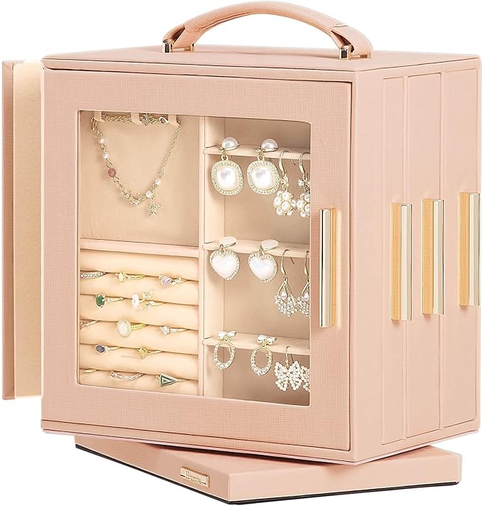 Homde Valentine's Day gifts Jewelry Box 360° Rotating, Necklace Earring Organizer with Transparent Window, Mirror, 7 Drawers, Large Ring Display Storage Case for Girls Women (Peach Pink)