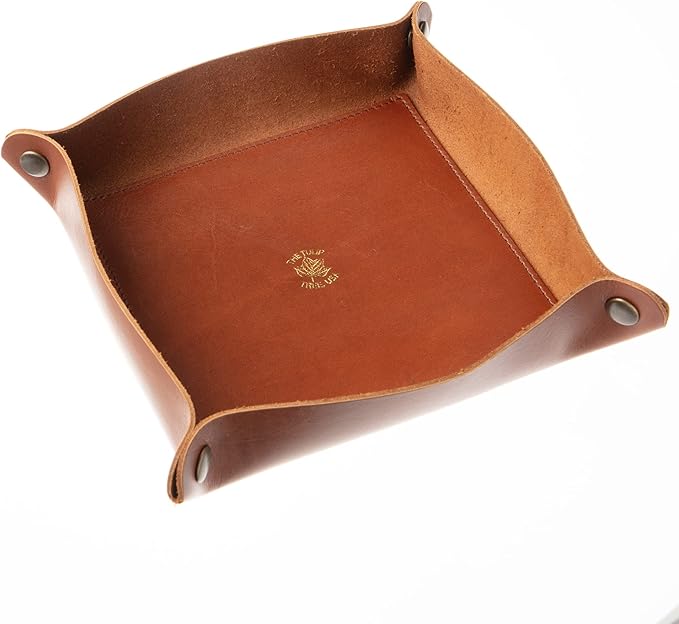USA Handmade Premium Leather Valet Tray, Folds Flat! Dice Rolling Basket and Organizer with Brass Snaps (Old English Chestnut, Large)
