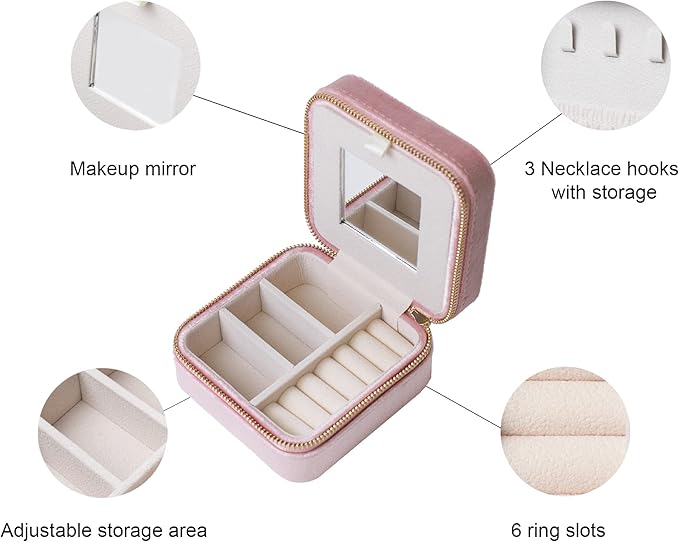 Customizable Compact Velvet Jewelry Box with Mirror, Travel Jewelry Case, Travel Jewelry Organizer, Jewelry Box for Women and Girls, Small Jewelry Organizer (Bottom Right Text, Powder Pink)
