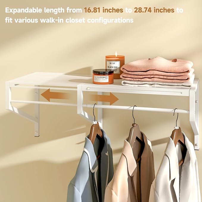 Expandable Closet Shelves Wall Mounted, 2 Pack Closet Shelving with Hanging Rods, Wall Shelving for Walk-in Closet, Hanging Shelves Organizer and Storage for Closet, Laundry