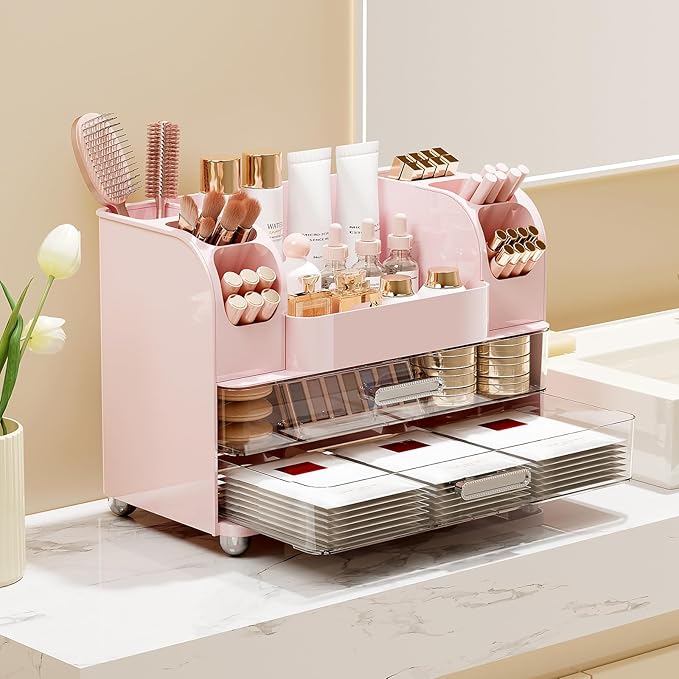 Makeup Organizer for Vanity with 2 Large Drawers, Cosmetic Display Case with Brush Holders, Easy to Storage for Bathroom Countertop Skincare, Desk Office Supplies, Pink