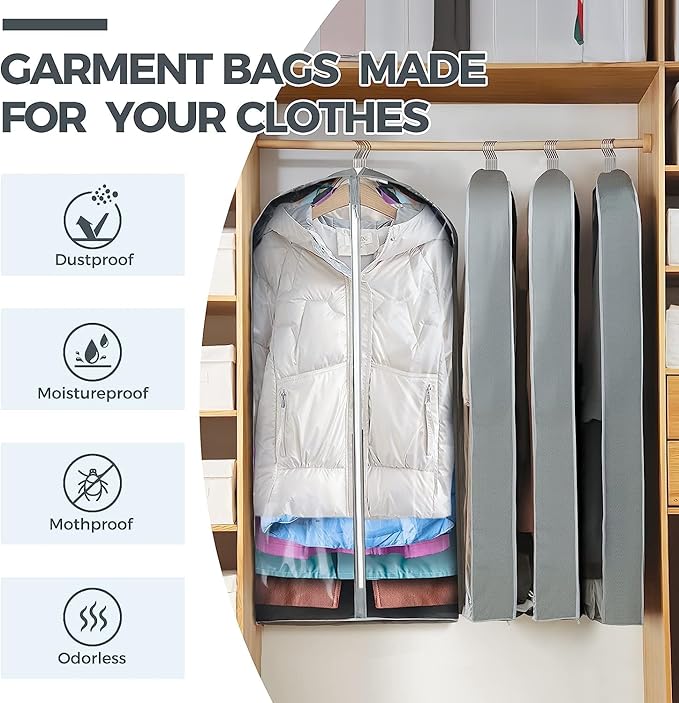 10 Pcs 40" Garment Bags for Hanging Clothes, Clear Suit Bags for Closet Storage Clothing Storage, Garment Bags Shoulder Covers with 4" Gussets for Coats, Jackets, Shirts and Sweater