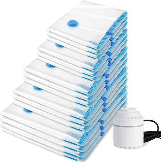 24 Pack Vacuum Storage Bags with Electric Pump，Space Saver Bags（5 Jumbo/5 Large/5 Medium/5 Small/4 Roll）,Compression for Comforters and Blankets, Sealer Clothes Storage