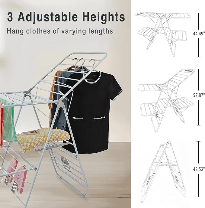Clothes Drying Rack, Foldable 2-Level Laundry Racks for Drying Clothes Rack,Stainless Steel Drying Rack Clothing Collapsible for Indoor Outdoor,with Height-Adjustable Wings,Gray