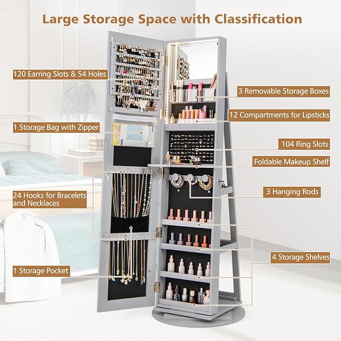 CHARMAID 360° Swivel Jewelry Armoire with Full Length Mirror, Rear Storage Shelves, Lockable Standing Jewelry Cabinet Organizer with Interior Vanity Mirror and 3-Color Lights (Gray)
