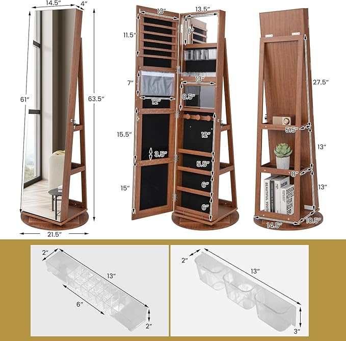GOFLAME 360° Rotating Jewelry Cabinet with Full-Length Mirror, Freestanding Jewelry Armoire with 3-Color LED Light and Back Storage Shelf, Lockable Jewelry Organizer for Bedroom Cloakroom, Walnut