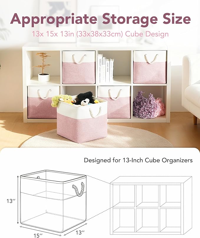 13x15x13 Storage Cube Bins, Heavy Duty Foldable Fabric Storage Bins with Handles and Metal Frame, 6 Pack Large Closet Organizer Bins for Clothes, Socks, Towels, White Pink