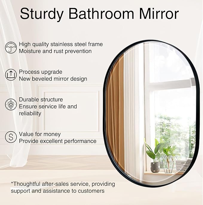 POZINO Oval Beveled Mirror, 24"x36" Bathroom Mirror for Over Sink, Rounded Rectangle Mirrors, Modern Oblong Vanity Wall Mirrors in Premium Stainless Steel Frame Hangs Horizontal Or Vertical