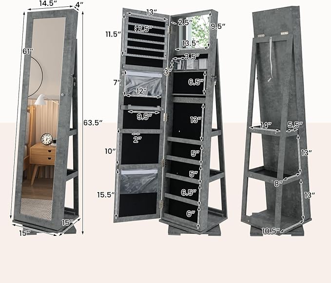 CHARMAID 360° Swivel Jewelry Armoire with Full Length Mirror, Standing Lockable Jewelry Cabinet Organizer, Large Storage Capacity, Inside Makeup Mirror, Back Storage Shelves (Stone Gray)