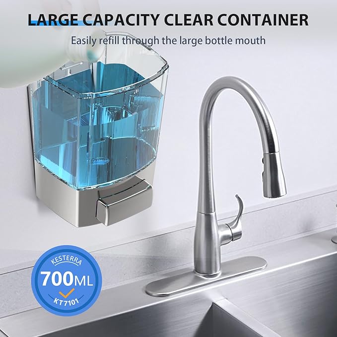 Manual Soap Dispenser, 23.7oz/700ml Wall Mount Soap Dispenser, Large Capacity Kitchen Bathroom Hand Soap Pump, Commercial Refillable Shampoo Shower Gel Lotion Dispenser, Chrome B