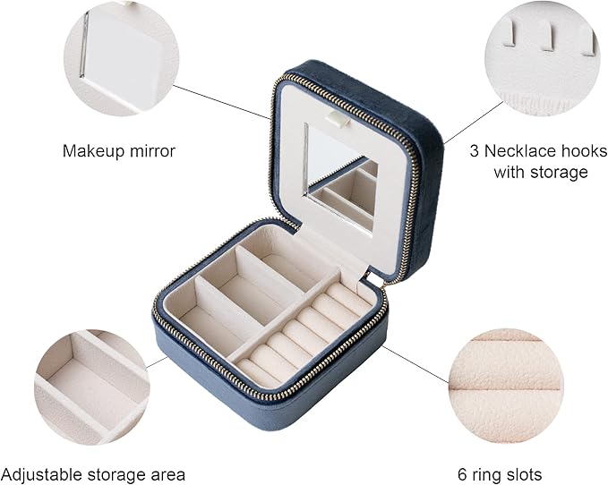 Customizable Compact Velvet Jewelry Box with Mirror, Travel Jewelry Case, Travel Jewelry Organizer, Jewelry Box for Women and Girls, Small Jewelry Organizer (Floral Design, Coral Blue)