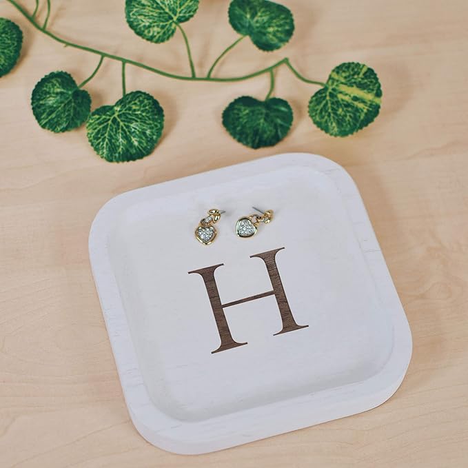 I'm Wooden Personalized Letter Catchall Valet Tray Trinket Dish Jewelry Tray Key Bowl Decorative Plate Organizing Ring Earrings Necklaces Bracelet Watch Coins Wallet Holder (6"x6" Sq White H)