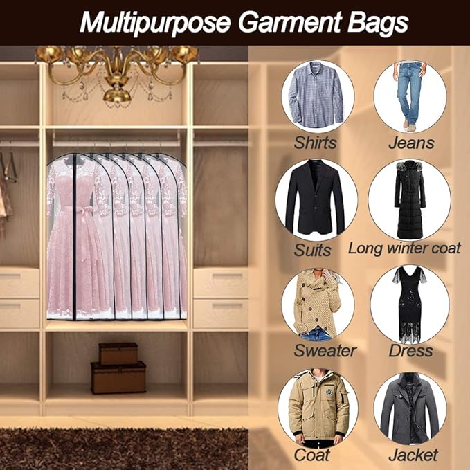 Garment Bags Covers (24''X60'' Set of 12) Long Dress Bags for Hanging Clothes (Pack of 6) with Study Full Zipper Coat Covers for Closet Clothes Storage and Travel
