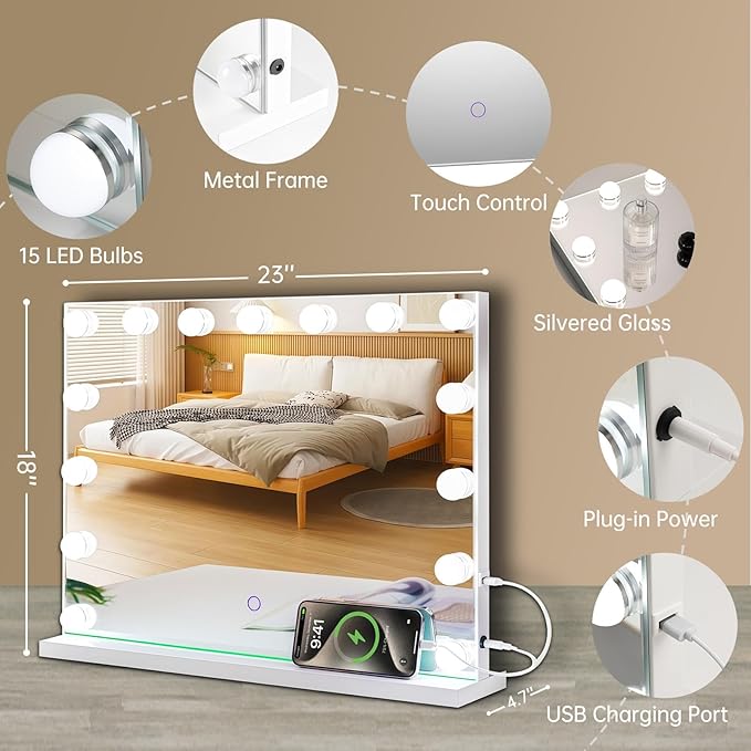 Hollywood Vanity Mirror with Lights, 23"x18" Lighted Makeup Mirror for Desk/Wall Mount, 15 Led Bulbs, 3 Lighting Modes for College Dorm, Bedroom & Dressing Room (White)