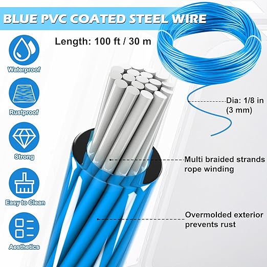 Turnbuckles for Cables Wires, 100Ft Blue PVC Coated Cable Kit, 7 × 7 Strands Core Wire Rope for Clothesline Wire for T Post/Grape Vine/String Light Hanging Kit