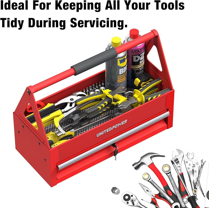UNITEDPOWER Handy Tool Box With 1 Drawer，Portable Metal Tote Tray with comfortable grip handle, Tool Organization for Household, Warehouse, Repair Shop, Red
