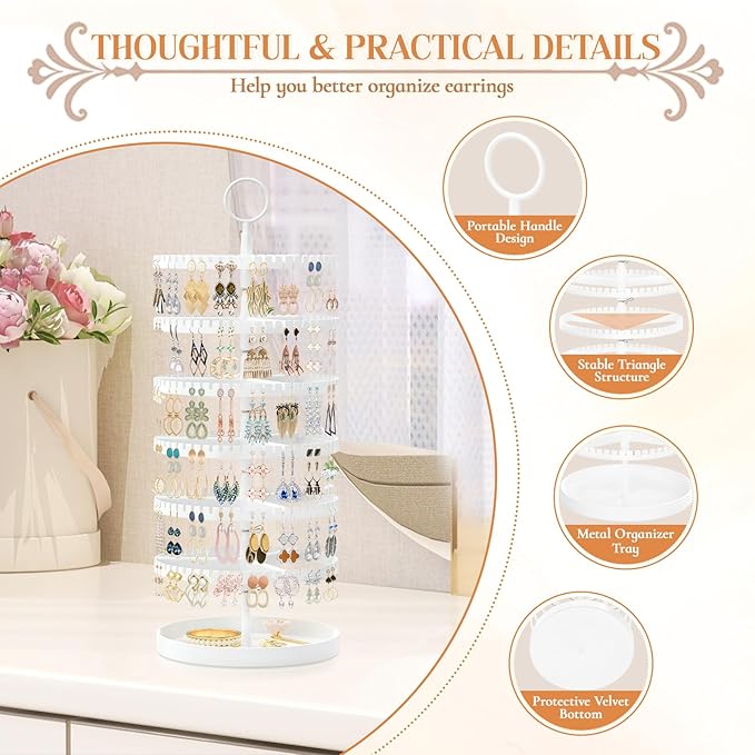 iDavosic.ly 6 Tier Rotating Earring Holder Organizer with Metal Tray, Adjustable Plastic Dangle Display Stands Tree with 342 Grooves, Large Hoop Storage Rack Tower, White