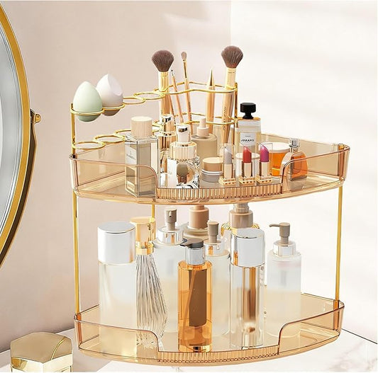 FELIZHOUSE 2-Tier Makeup Organizer for Vanity & Bathroom Countertop – Acrylic Storage Shelf with Perfume Tray & Makeup Brush Holder, Tool-Free Installation, Design for Bathroom & Dresser - Amber