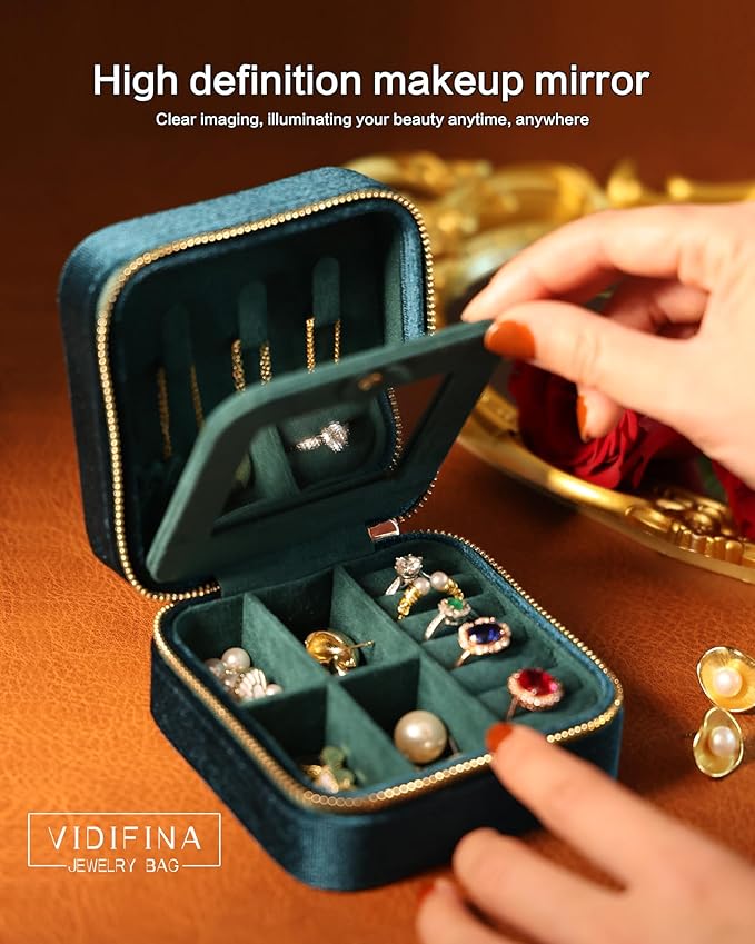 Travel Jewelry Case – Navy Blue Velvet Organizer Adjustable Compartments for Necklaces, Rings | Portable Luxury Travel Jewelry Box for Women, Gift-Worthy Design