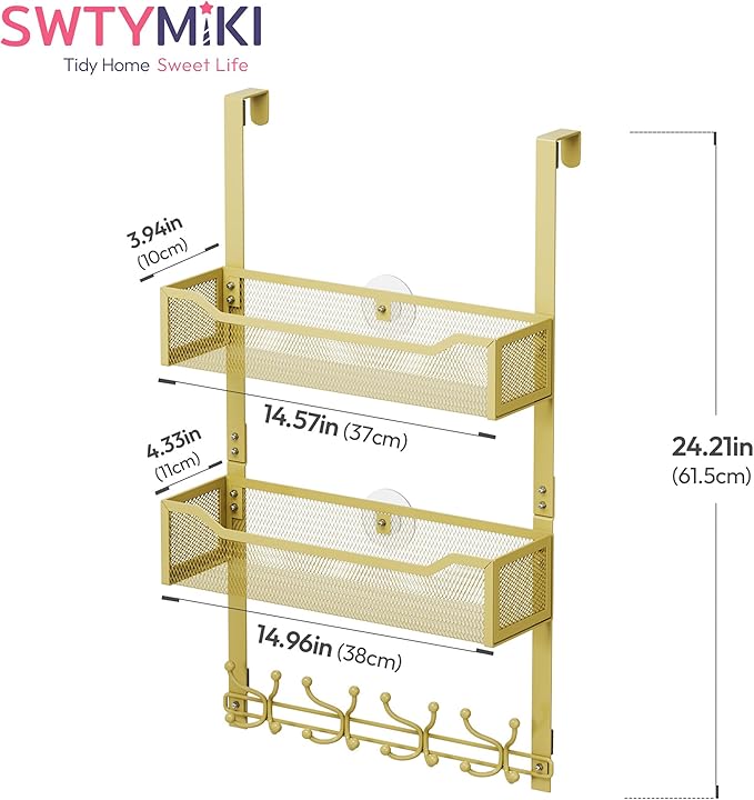 SWTYMIKI Over The Door Hooks Organizer - Multi-Functional Door Hanger with 16 Hooks & 2 Mesh Baskets, Long Coat Rack for Bathroom, Bedroom, Living Room, Home Storage Organizer, Gold