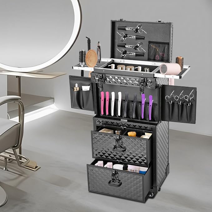 Rolling Makeup Case Large Storage Cosmetic Trolley, Rolling Lockable Makeup Train Case, Stylist Beauty Salon Cosmetic Luggage Travel Organizer Tool Box with Hair Dryer Holder