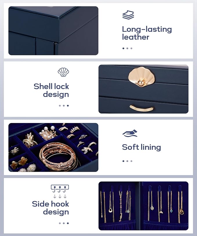 Jewelry Box with 3 Drawers: Display Organizer for Earrings Necklaces - Gifts for Girls Women (Dark Blue)