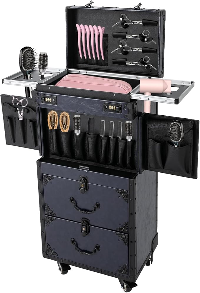 Rolling Makeup Case with Drawers,Hair Tool Organiser,Professional Barber Supplies Case,Hairdressing Tool Storage Cart,Haircut Makeup Salon Organizer with Wheels and Password Locks (Blue)