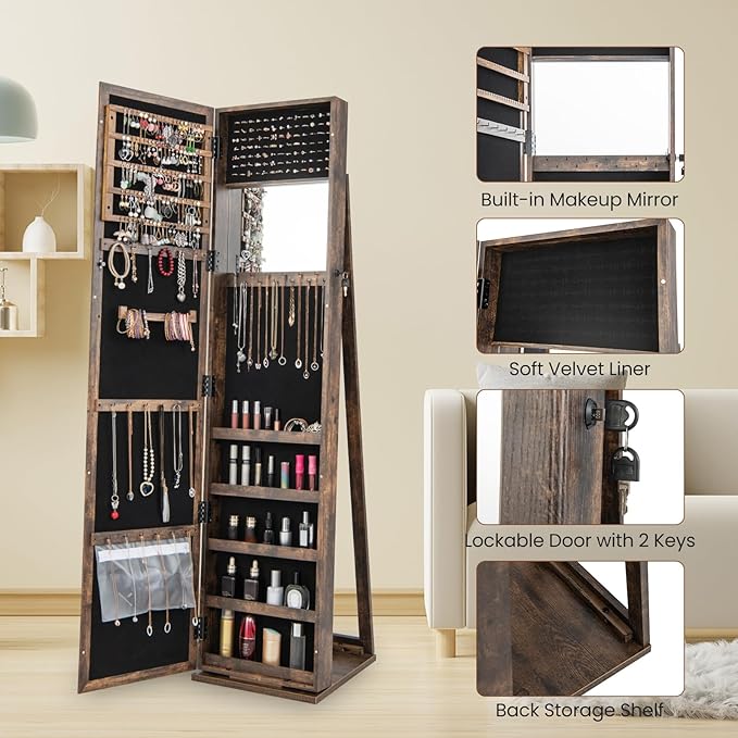 GOFLAME Jewelry Cabinet with Full-length Mirror, Jewelry Storage Organizer with Makeup Mirror, Back Storage Shelf, Lockable Jewelry Cabinet Armoire for Bedroom, Living Room (Brown)