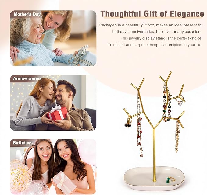 Elegant Jewelry Holder Tree Stand with Ceramic Tray - Metal Necklace Holder Organizer for Rings Bracelets Earrings - Tangle Free, Rustproof Decorative Display for Vanity Dresser