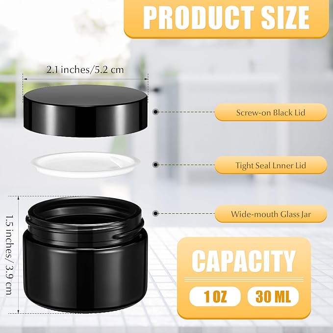 Domensi 60 Pcs 1oz Glass Jars with Lids Bulk Salve Tins Winter Cream Container Small Glass Candle Cosmetic Jars for Travel Lip Balm with Inner Liners for Lotion Sample Cream(Black,Black Lid)