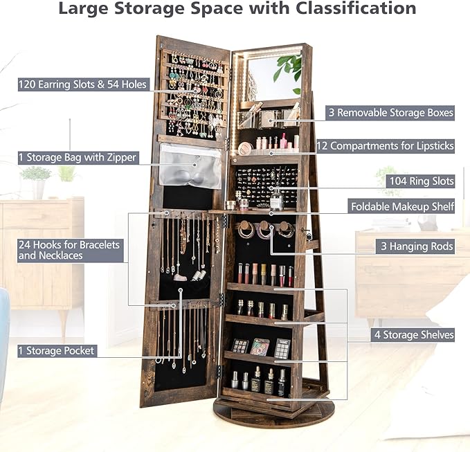 CHARMAID 360° Swivel Jewelry Armoire with Full Length Mirror, Rear Storage Shelves, Lockable Standing Jewelry Cabinet Organizer with Interior Vanity Mirror and 3-Color Lights (Rustic Brown)