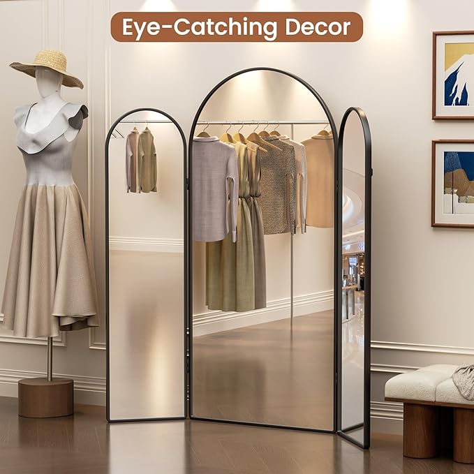 3 Way Arched Full Length Mirror Free Standing, 71"x 67" Large Modern Trifold Mirror, 3-in-1 Detachable Panel Tempered Glass & Metal Frame, for Dressing Room, Bridal Shop, Clothing Store (Black)