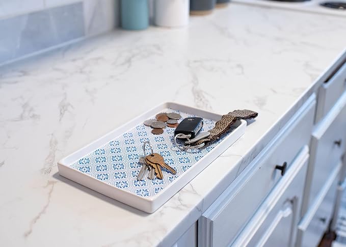 NAT & Jules 10 x 6 Ceramic Stoneware Vanity Tray - Perfect Bathroom or Kitchen Counter Organization Décor: Sponge Holder, Soap Dish, Jewelry and Perfume Tray, Patterned Blue