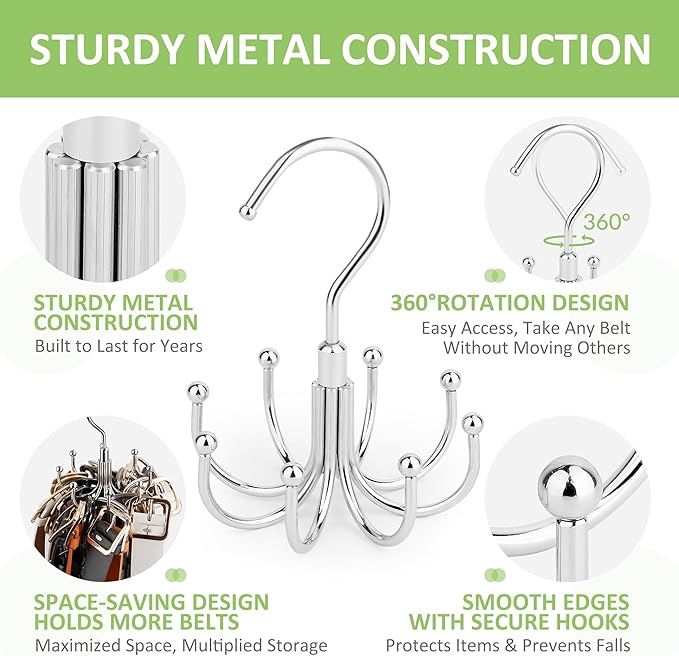 Belt Hanger, 2 Pack Rotatable Belt Organizer for Closet, Accessories Rack, Space Saving Hanging Holder Storage Hook for Belt, Tie, Scarf, Purse, Bra, Tank Top, Silver