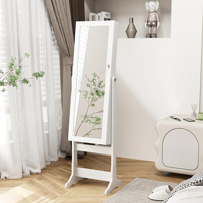 Giantex Standing Jewelry Armoire, Lockable Jewelry Cabinet with Full Length Mirror, LED Lights, 4 Tilt Angle Adjustable, Mirror with Jewelry Storage, Standing Jewelry Organizer with Drawers, White