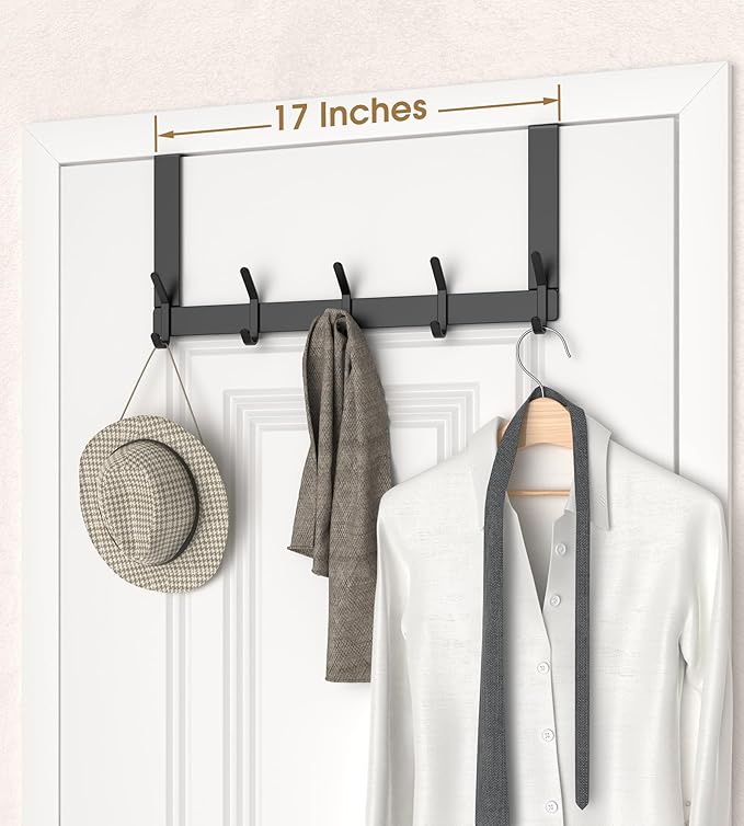 KitchLife Over The Door Hooks Hanger with 7 inches Extended Arms, Fit for 1-3/4" Doors, J18U, Thickened Bathroom Towel Rack Organization, 1 Pack Double-Hook, Matte Black