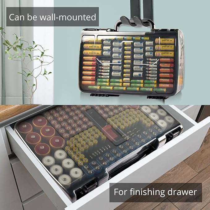 Battery Organizer Storage Holder Box Case with Tester- 269 Batteries Double-Sided Variety Pack, Holds AA AAA 4A C D Cell 9V 3V Lithium LR44 CR2 CR123 CR1632 18650 Button- Grey