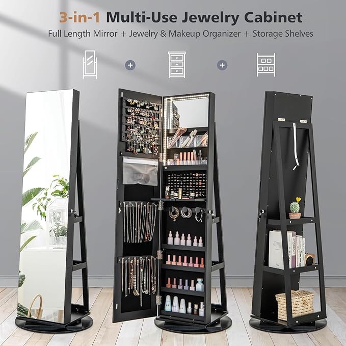 CHARMAID 360° Swivel Jewelry Armoire with Full Length Mirror, Rear Storage Shelves, Lockable Standing Jewelry Cabinet Organizer with Interior Vanity Mirror and 3-Color Lights (Black)