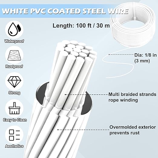 Turnbuckles for Cables Wires, 100Ft White PVC Coated Cable Kit, 7 × 7 Strands Core Wire Rope for Clothesline Wire for T Post/Grape Vine/String Light Hanging Kit