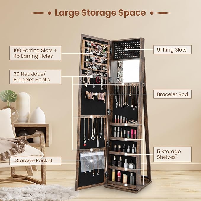 GOFLAME Jewelry Cabinet with Full-length Mirror, Jewelry Storage Organizer with Makeup Mirror, Back Storage Shelf, Lockable Jewelry Cabinet Armoire for Bedroom, Living Room (Brown)